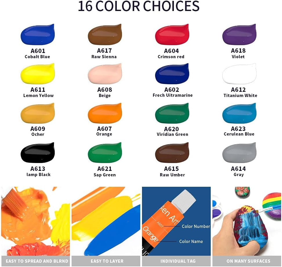 Acrylic Paint Set for Pumpkin Painting, 16 Colors Painting Supplies for Canvas Wood Fabric Ceramic Crafts, Non Toxic&Rich Pigments for Beginners