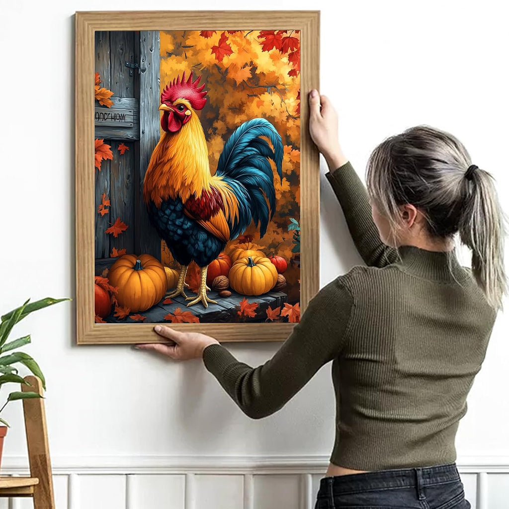 5D Diamond Painting Kits for Adults, Rooster Diamond Art Fall Kit for Beginner,Full round Drills Pumpkin Chicken Diamond Dots Beads on Canvas Painting by Diamonds for Wall Decor 12 X 16 Inches