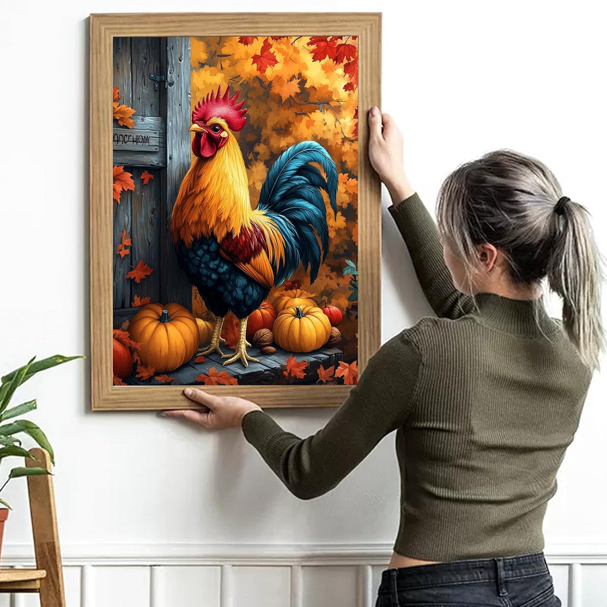 5D Diamond Painting Kits for Adults, Rooster Diamond Art Fall Kit for Beginner,Full round Drills Pumpkin Chicken Diamond Dots Beads on Canvas Painting by Diamonds for Wall Decor 12 X 16 Inches