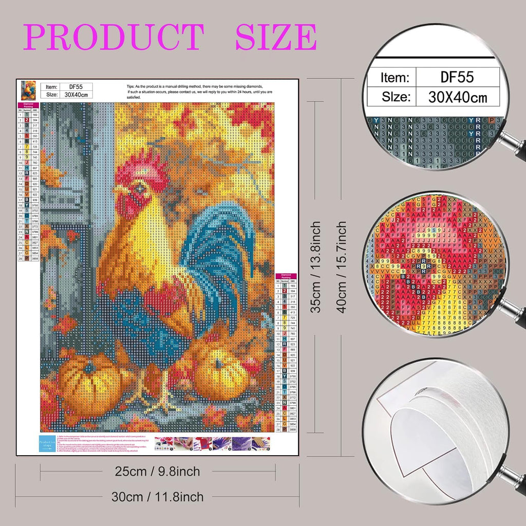 5D Diamond Painting Kits for Adults, Rooster Diamond Art Fall Kit for Beginner,Full round Drills Pumpkin Chicken Diamond Dots Beads on Canvas Painting by Diamonds for Wall Decor 12 X 16 Inches