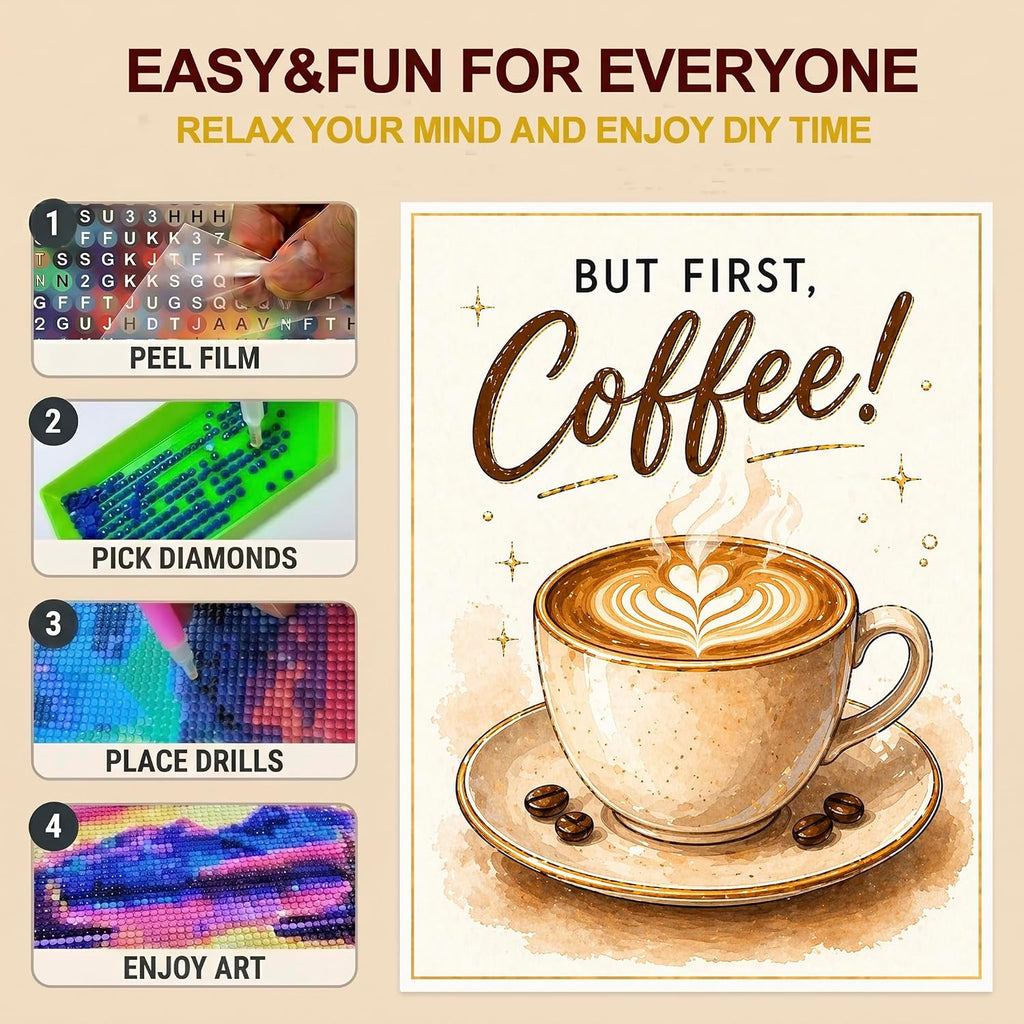 Coffee Cup Diamond Art Kits for Adults - 5D Full round Drill Diamond Painting Kit for Beginner, DIY Crystal Gem Art for Kitchen & Coffee Bar Decor,Relaxing Hobby Woman Gift 12X16 Inch