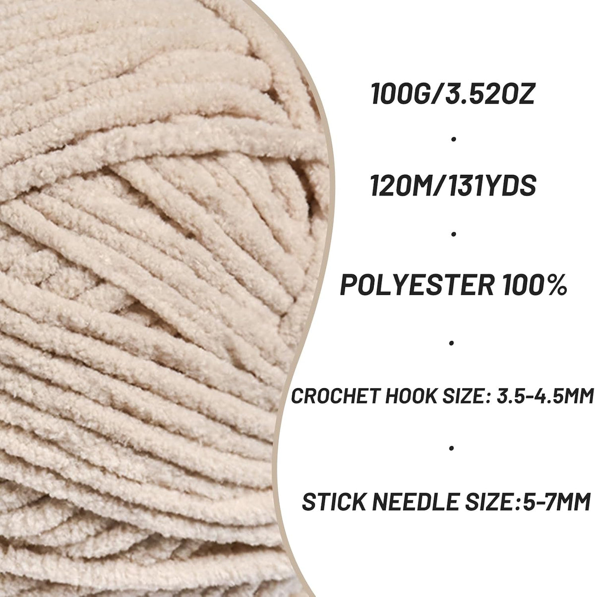 Plush Chunky Chenille Yarn for Crocheting, Soft Fluffy Velvet Yarn for Crocheting, Fuzzy Baby Blanket Knitting Yarns, 100G/131Yds Bulky Amigurumi Yarns（Light Khaki） Fluffy Velvet Crochet Yarn 65.6 yards
