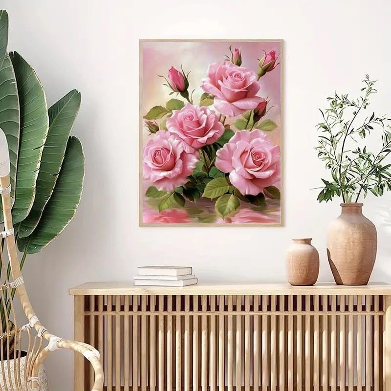 Rose Flowers Diamond Art Kits for Adults Beginner,Pink Rose Diamond Painting for Adults,Diy 5D Full Drill Diamond Art Kits,Home Wall Decor 12 X 16 Inch