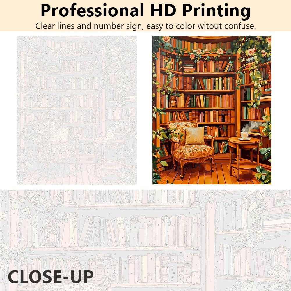DIY Paint by Numbers Kit for Adults, Bookshelf Plants Decor