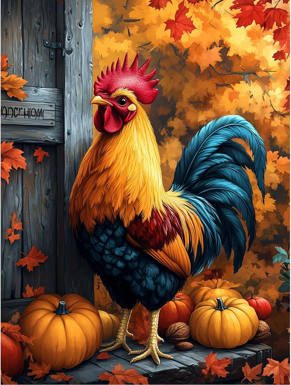 5D Diamond Painting Kits for Adults, Rooster Diamond Art Fall Kit for Beginner,Full round Drills Pumpkin Chicken Diamond Dots Beads on Canvas Painting by Diamonds for Wall Decor 12 X 16 Inches