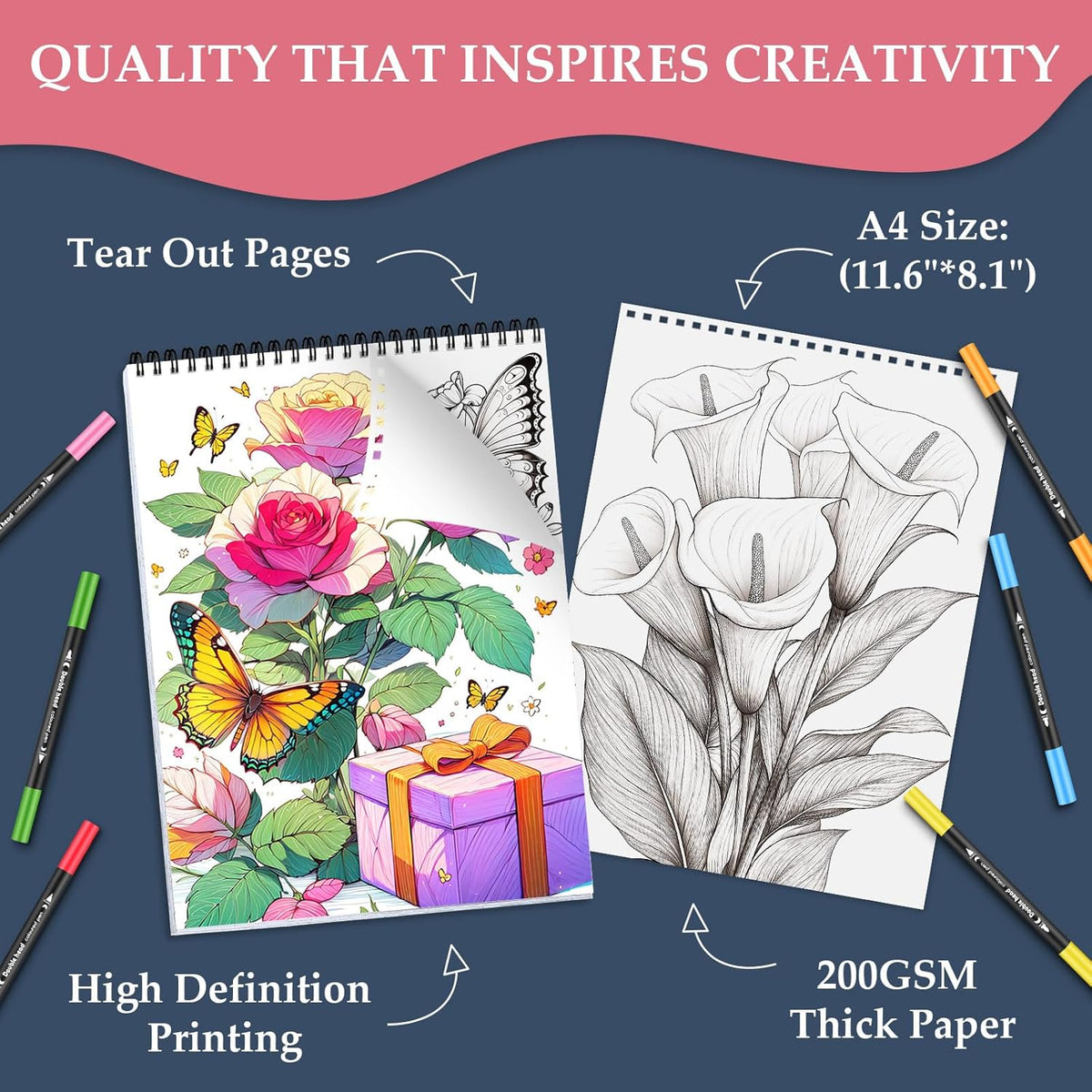 Coloring Book 24 Spiral-Bound Single-Sided Butterfly Designs