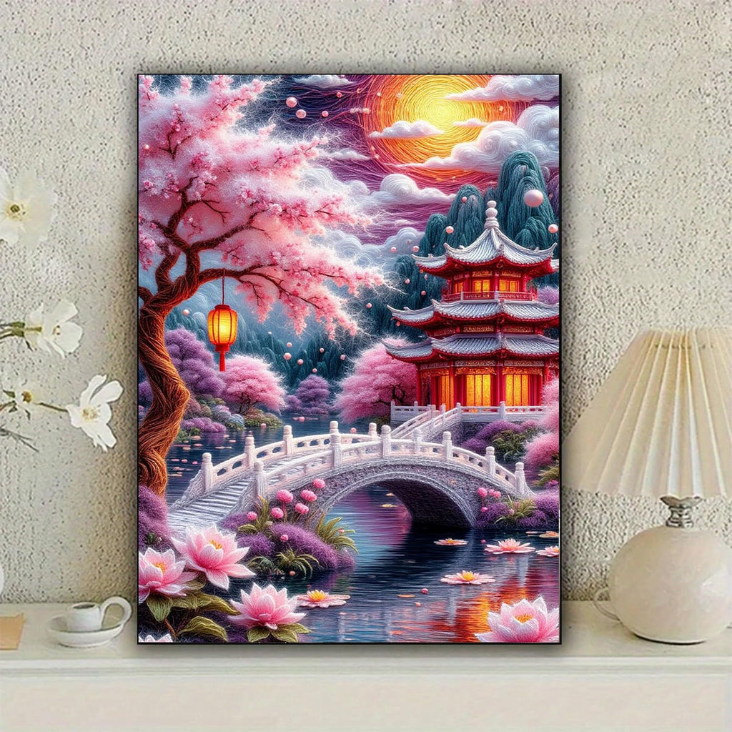 Landscape DIY Diamond Painting Kit, Japanese Garden Scene Diamond Art Kits for Adults,5D Full round Drill Diamond Mosaic Kits,Diy Diamond Dots for Beginners,12X16 Inch