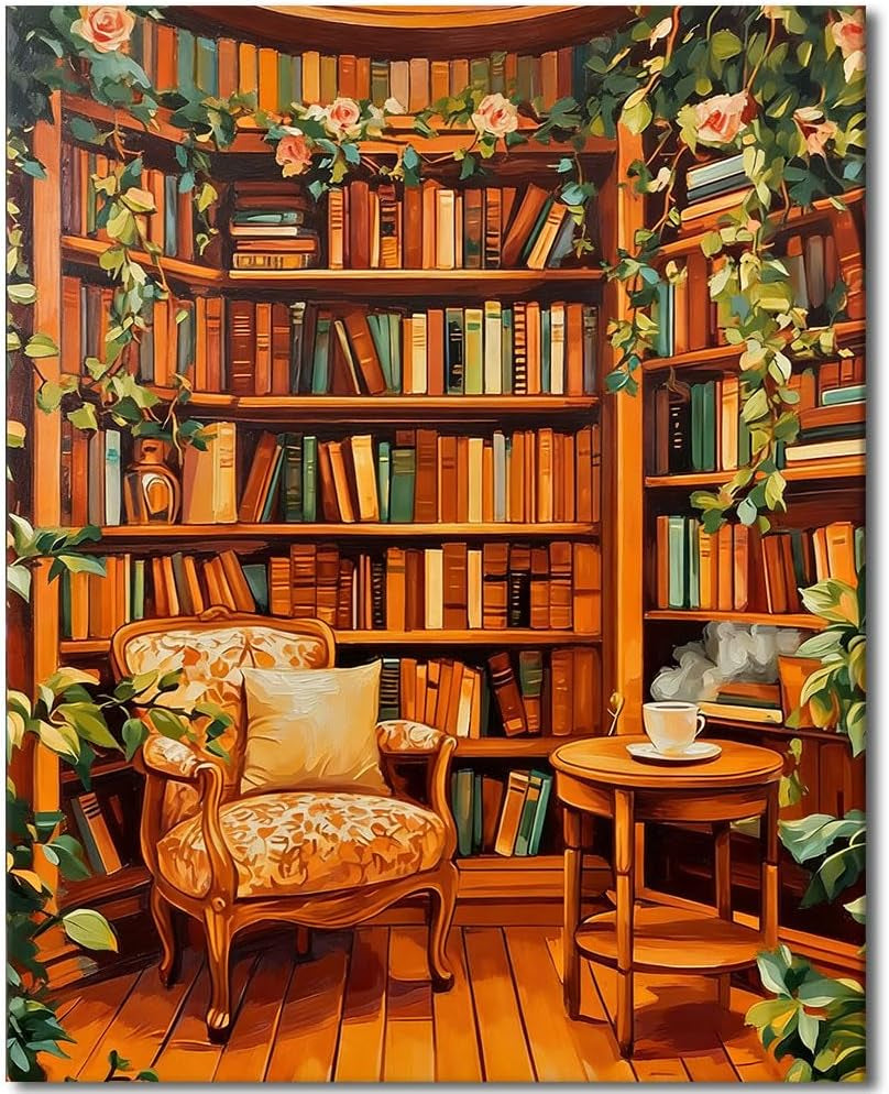 DIY Paint by Numbers Kit for Adults, Bookshelf Plants Decor