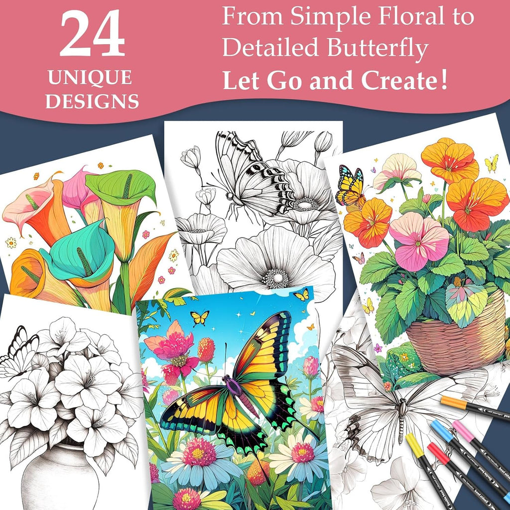 Coloring Book 24 Spiral-Bound Single-Sided Butterfly Designs