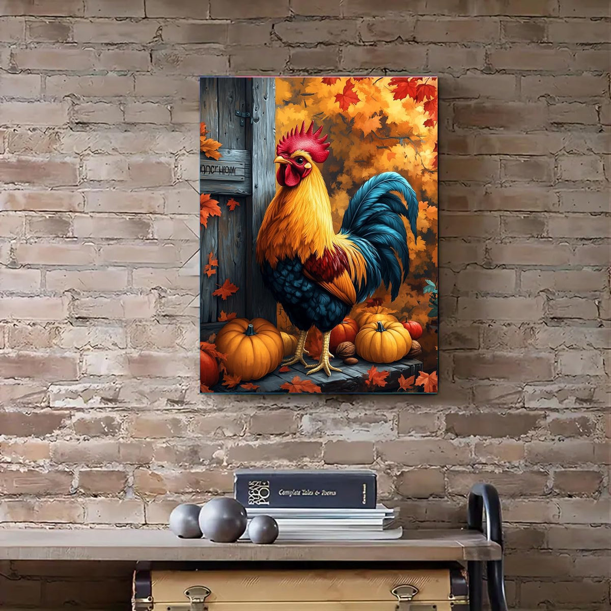 5D Diamond Painting Kits for Adults, Rooster Diamond Art Fall Kit for Beginner,Full round Drills Pumpkin Chicken Diamond Dots Beads on Canvas Painting by Diamonds for Wall Decor 12 X 16 Inches