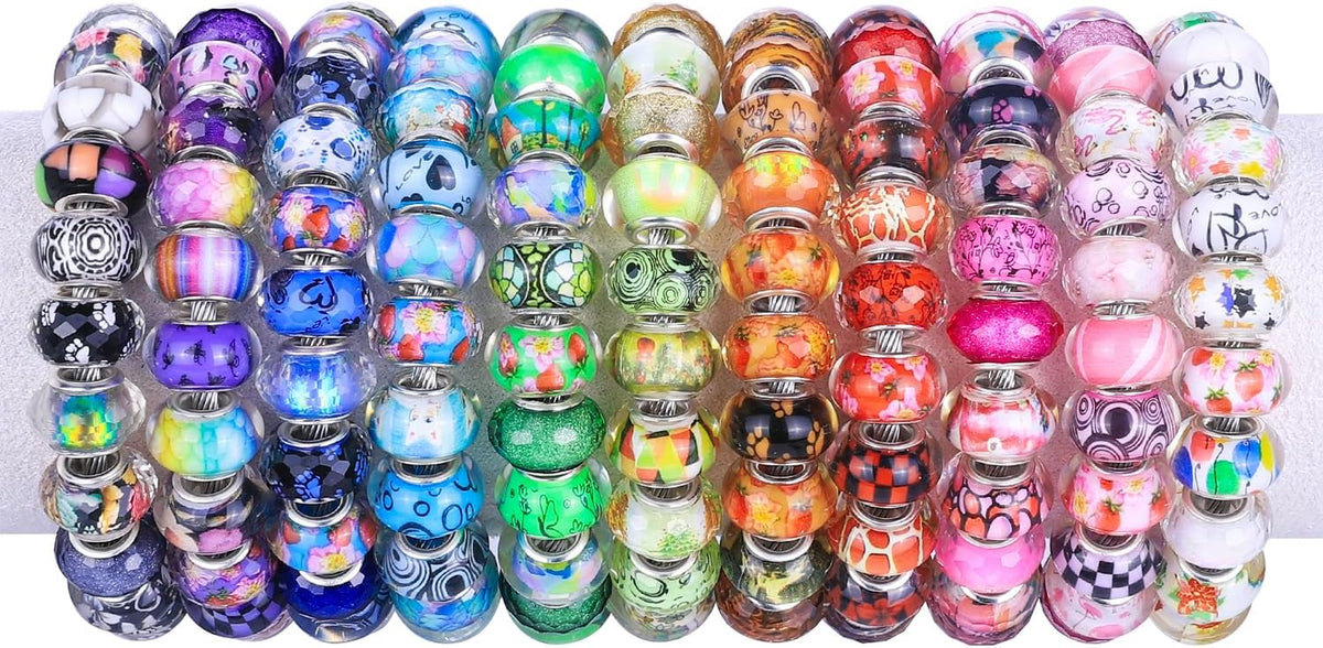 Large Hole European Beads, Craft Supplies Kit，Assorted Mixed Color Lampwork Spacer Beads for DIY Bracelet Jewelry Making (100, Mixed)