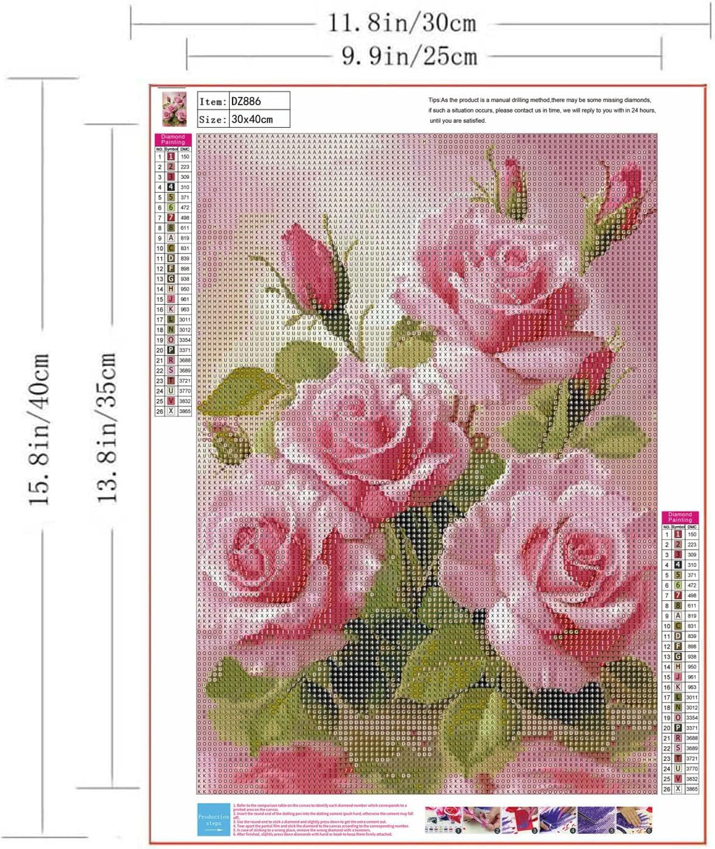 Rose Flowers Diamond Art Kits for Adults Beginner,Pink Rose Diamond Painting for Adults,Diy 5D Full Drill Diamond Art Kits,Home Wall Decor 12 X 16 Inch