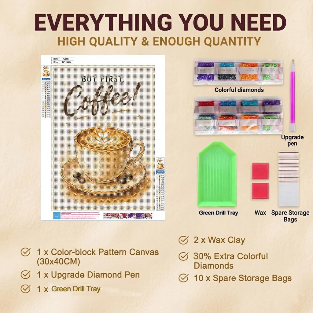 Coffee Cup Diamond Art Kits for Adults - 5D Full round Drill Diamond Painting Kit for Beginner, DIY Crystal Gem Art for Kitchen & Coffee Bar Decor,Relaxing Hobby Woman Gift 12X16 Inch