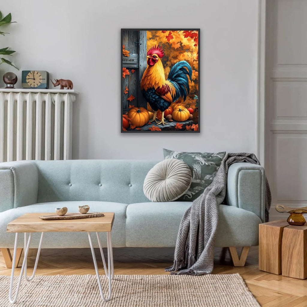 5D Diamond Painting Kits for Adults, Rooster Diamond Art Fall Kit for Beginner,Full round Drills Pumpkin Chicken Diamond Dots Beads on Canvas Painting by Diamonds for Wall Decor 12 X 16 Inches
