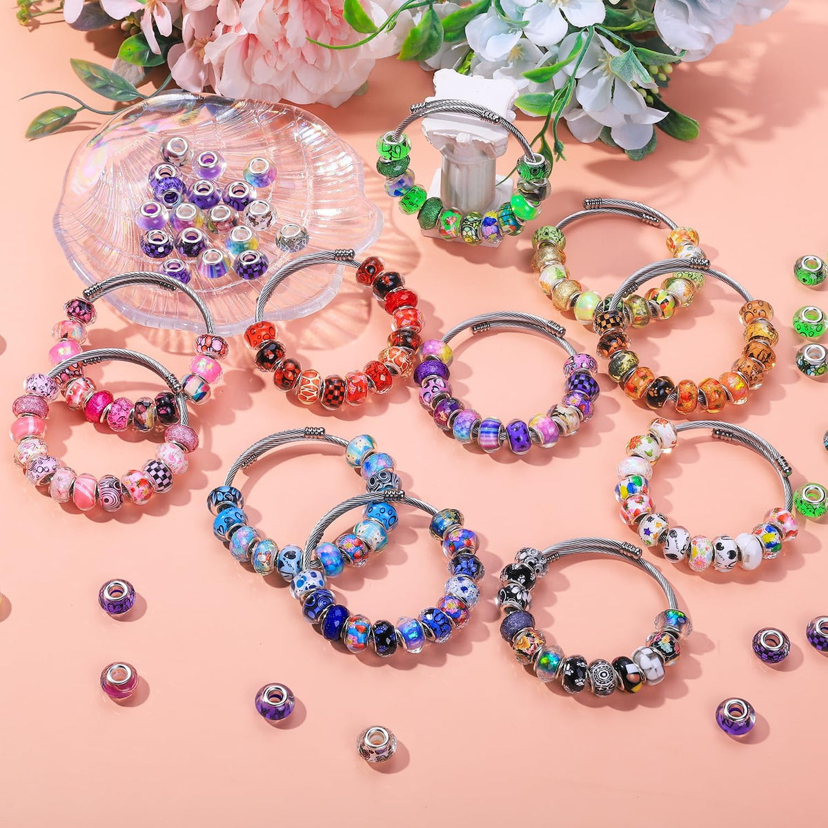 Large Hole European Beads, Craft Supplies Kit，Assorted Mixed Color Lampwork Spacer Beads for DIY Bracelet Jewelry Making (100, Mixed)