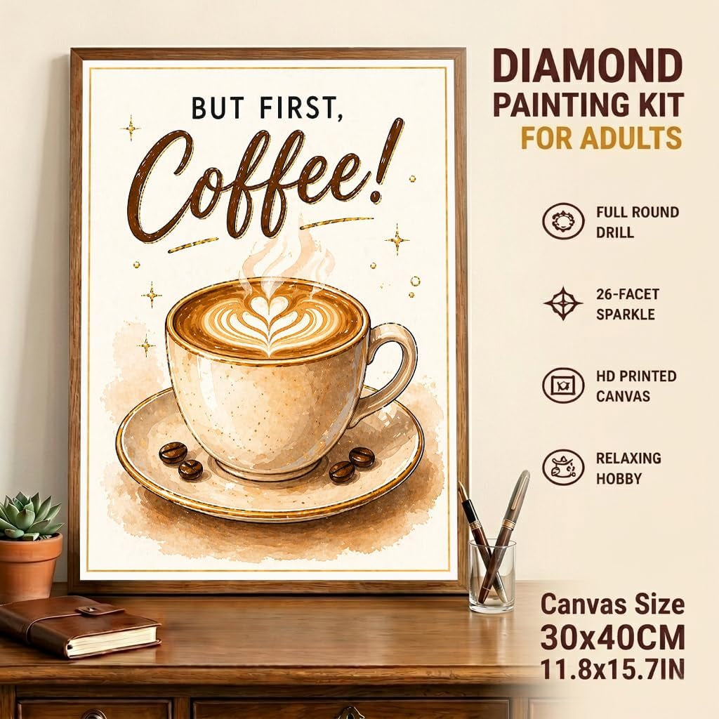 Coffee Cup Diamond Art Kits for Adults - 5D Full round Drill Diamond Painting Kit for Beginner, DIY Crystal Gem Art for Kitchen & Coffee Bar Decor,Relaxing Hobby Woman Gift 12X16 Inch